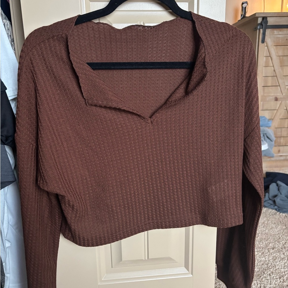 Brown Ribbed Long Sleeve Top